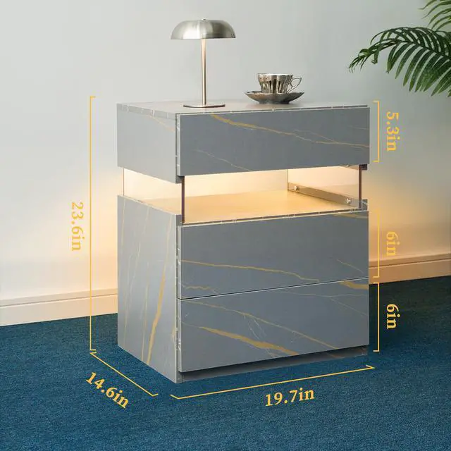 Alt view image 2 of 7 - Led Nightstands 3 Drawer Dresser For Bedroom End Table With Acrylic Board Led Bedside Tables For Bedroom Living Room Bedside Furniture (Grey+Gold)