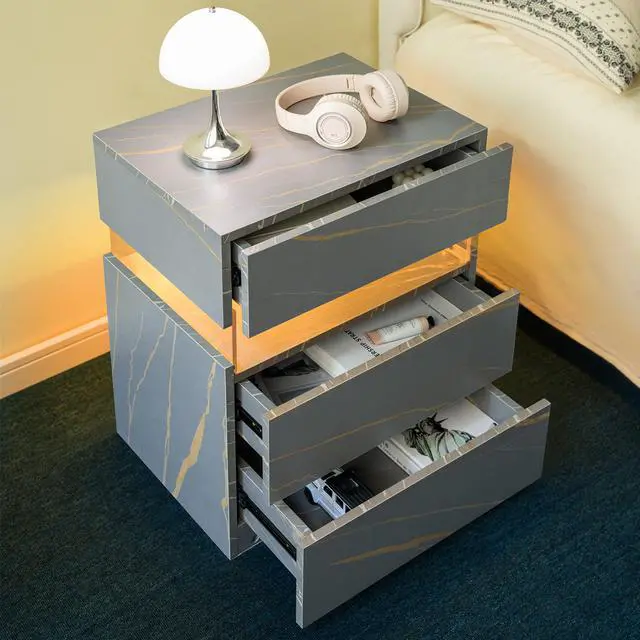 Alt view image 5 of 7 - Led Nightstands 3 Drawer Dresser For Bedroom End Table With Acrylic Board Led Bedside Tables For Bedroom Living Room Bedside Furniture (Grey+Gold)