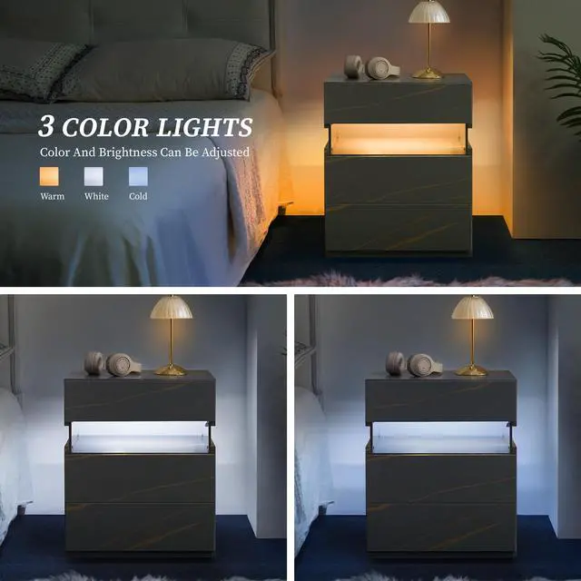 Alt view image 3 of 7 - Led Nightstands 3 Drawer Dresser For Bedroom End Table With Acrylic Board Led Bedside Tables For Bedroom Living Room Bedside Furniture (Grey+Gold)