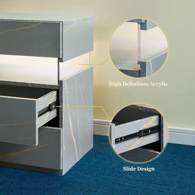 Alt view image 4 of 7 - Led Nightstands 3 Drawer Dresser For Bedroom End Table With Acrylic Board Led Bedside Tables For Bedroom Living Room Bedside Furniture (Grey+Gold)
