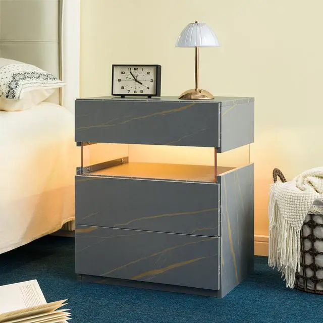 Alt view image 6 of 7 - Led Nightstands 3 Drawer Dresser For Bedroom End Table With Acrylic Board Led Bedside Tables For Bedroom Living Room Bedside Furniture (Grey+Gold)