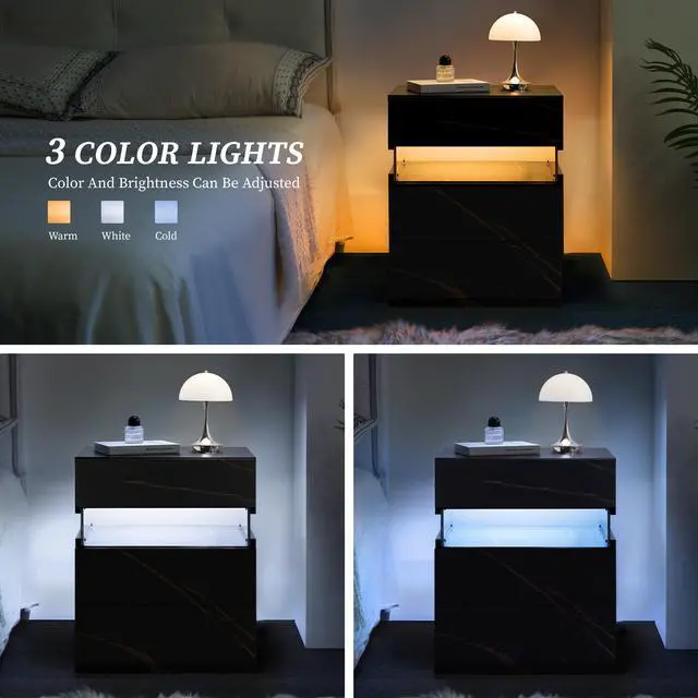 Alt view image 3 of 7 - Led Nightstands 3 Drawer Dresser For Bedroom End Table With Acrylic Board Led Bedside Tables For Bedroom Living Room Bedside Furniture (Black+Gold)