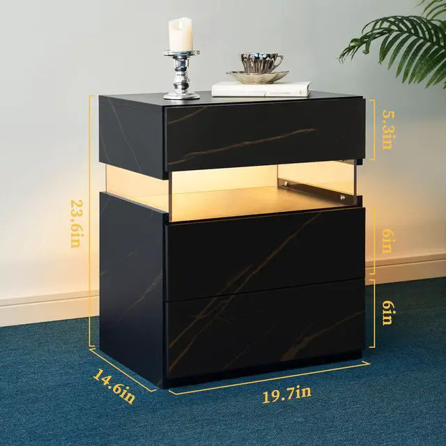 Alt view image 2 of 7 - Led Nightstands 3 Drawer Dresser For Bedroom End Table With Acrylic Board Led Bedside Tables For Bedroom Living Room Bedside Furniture (Black+Gold)
