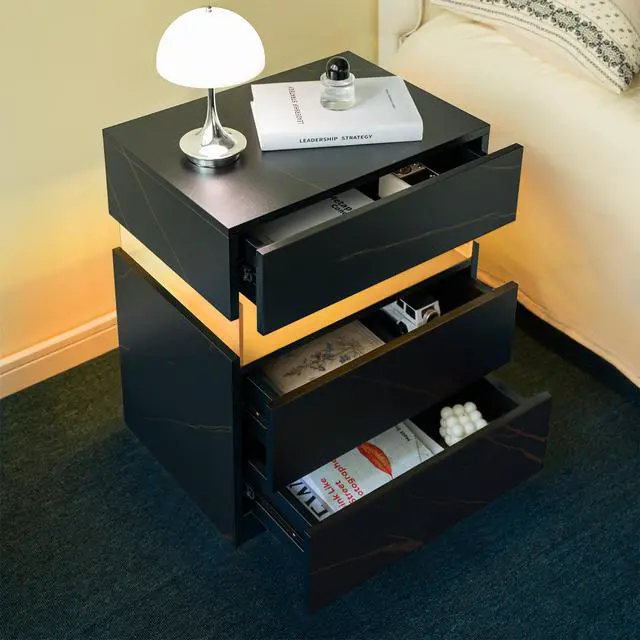 Alt view image 5 of 7 - Led Nightstands 3 Drawer Dresser For Bedroom End Table With Acrylic Board Led Bedside Tables For Bedroom Living Room Bedside Furniture (Black+Gold)