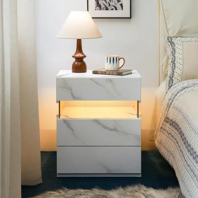 Main image of Led Nightstands 3 Drawer Dresser For Bedroom End Table With Acrylic Board Led Bedside Tables (White Stone)