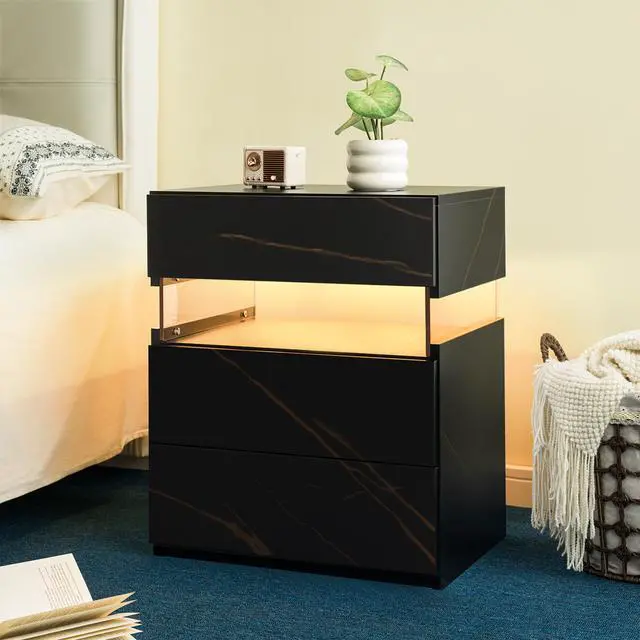 Alt view image 6 of 7 - Led Nightstands 3 Drawer Dresser For Bedroom End Table With Acrylic Board Led Bedside Tables For Bedroom Living Room Bedside Furniture (Black+Gold)