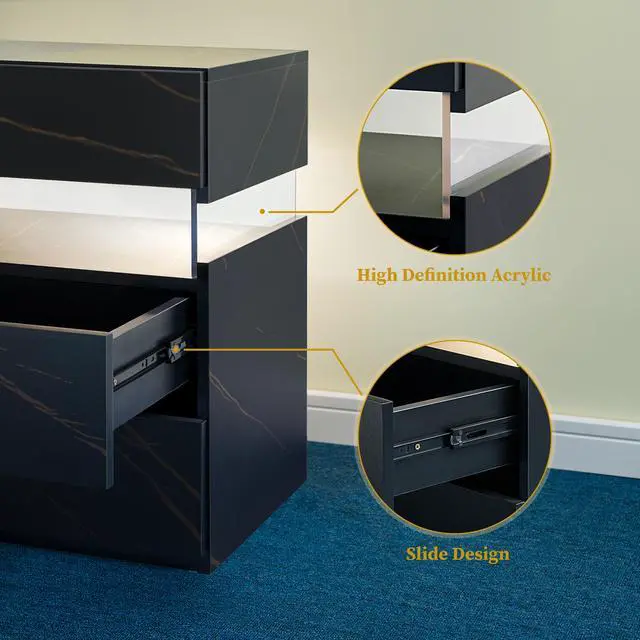 Alt view image 4 of 7 - Led Nightstands 3 Drawer Dresser For Bedroom End Table With Acrylic Board Led Bedside Tables For Bedroom Living Room Bedside Furniture (Black+Gold)