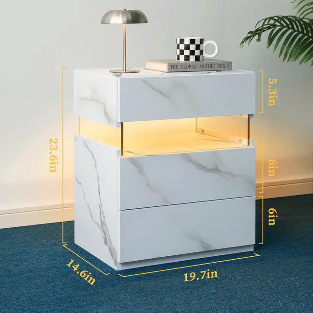 Alt view image 3 of 6 - Led Nightstands 3 Drawer Dresser For Bedroom End Table With Acrylic Board Led Bedside Tables (White Stone)