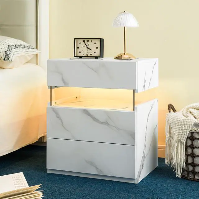 Alt view image 2 of 6 - Led Nightstands 3 Drawer Dresser For Bedroom End Table With Acrylic Board Led Bedside Tables (White Stone)