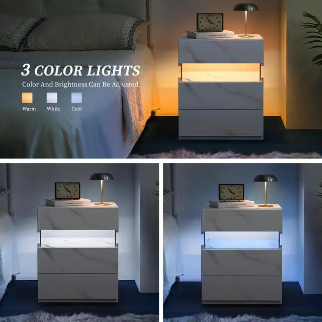 Alt view image 4 of 6 - Led Nightstands 3 Drawer Dresser For Bedroom End Table With Acrylic Board Led Bedside Tables (White Stone)