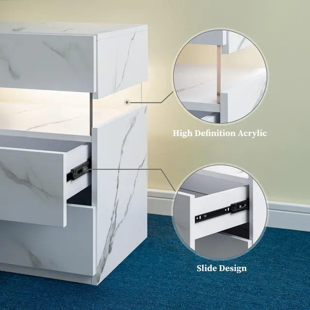 Alt view image 5 of 6 - Led Nightstands 3 Drawer Dresser For Bedroom End Table With Acrylic Board Led Bedside Tables (White Stone)