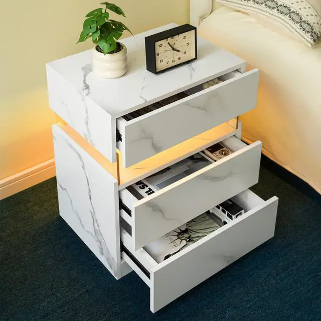 Alt view image 6 of 6 - Led Nightstands 3 Drawer Dresser For Bedroom End Table With Acrylic Board Led Bedside Tables (White Stone)