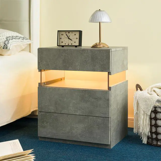 Alt view image 2 of 6 - Led Nightstands 3 Drawer Dresser For Bedroom End Table With Acrylic Board Led Bedside Tables (Gray)