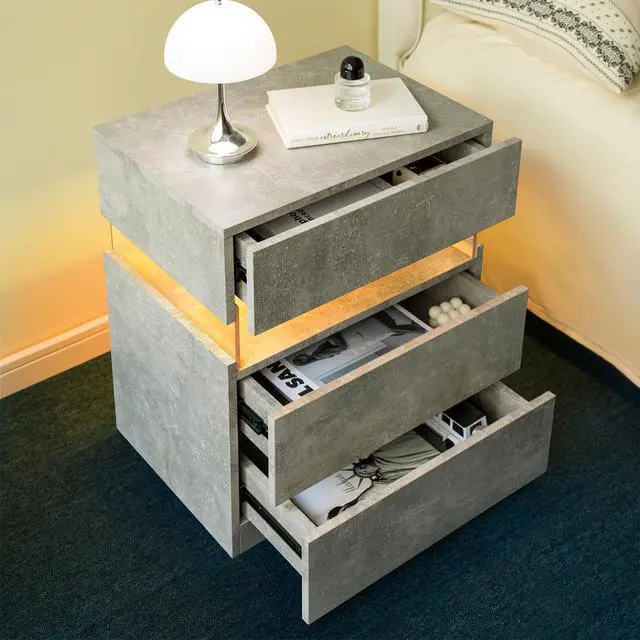 Alt view image 6 of 6 - Led Nightstands 3 Drawer Dresser For Bedroom End Table With Acrylic Board Led Bedside Tables (Gray)