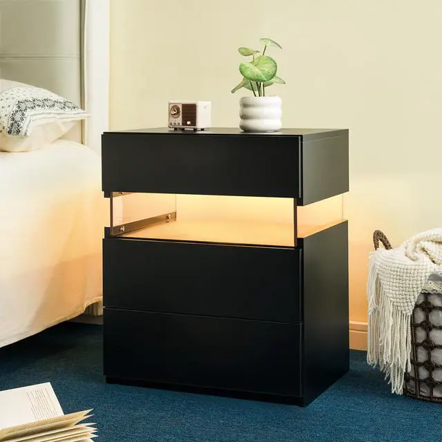 Alt view image 2 of 2 - Led Nightstands 3 Drawer Dresser For Bedroom End Table With Acrylic Board Led Bedside Tables (Black)