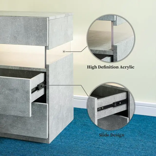 Alt view image 5 of 6 - Led Nightstands 3 Drawer Dresser For Bedroom End Table With Acrylic Board Led Bedside Tables (Gray)