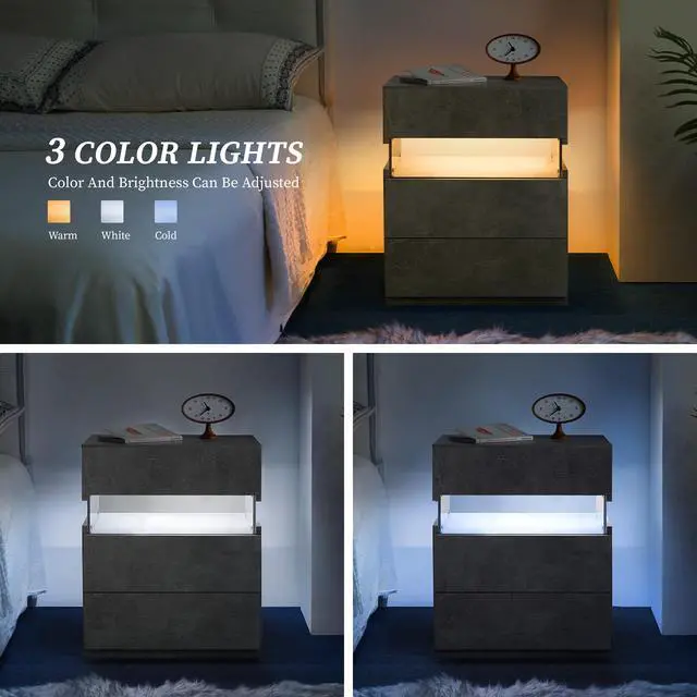 Alt view image 4 of 6 - Led Nightstands 3 Drawer Dresser For Bedroom End Table With Acrylic Board Led Bedside Tables (Gray)