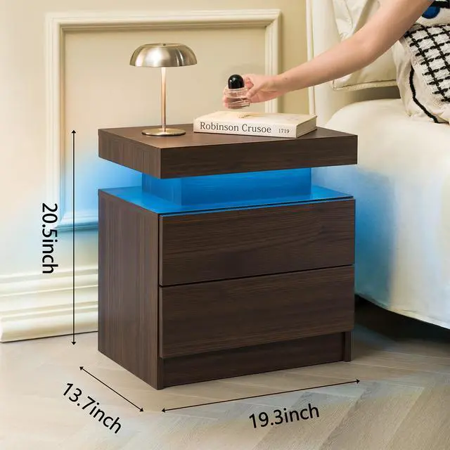 Alt view image 2 of 6 - Nightstand Led Bedside Table Cabinet Lights Modern End Side With 2 Drawers For Bedroom (Walnut)