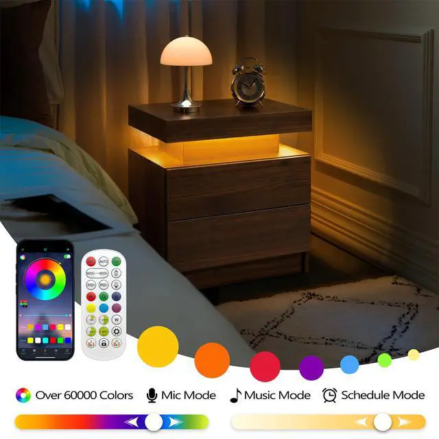 Alt view image 3 of 6 - Nightstand Led Bedside Table Cabinet Lights Modern End Side With 2 Drawers For Bedroom (Walnut)