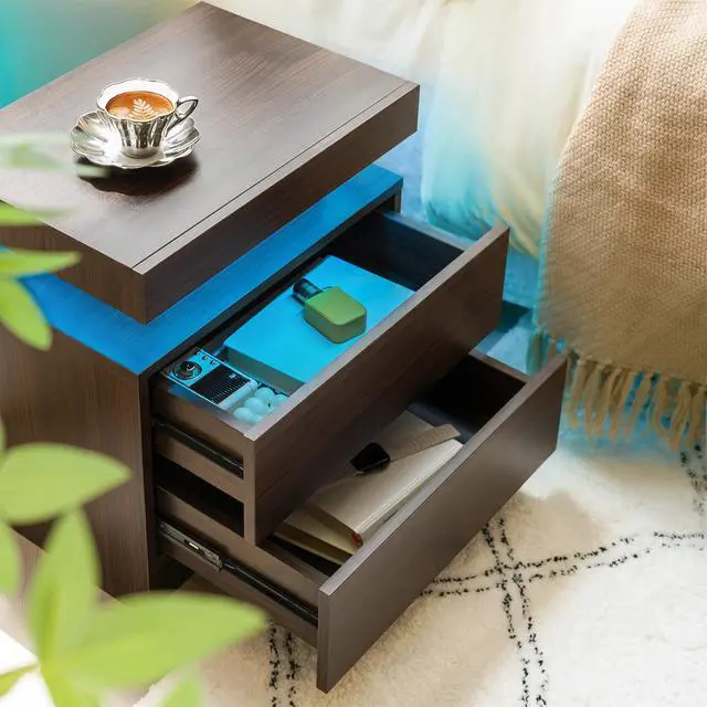 Alt view image 4 of 6 - Nightstand Led Bedside Table Cabinet Lights Modern End Side With 2 Drawers For Bedroom (Walnut)