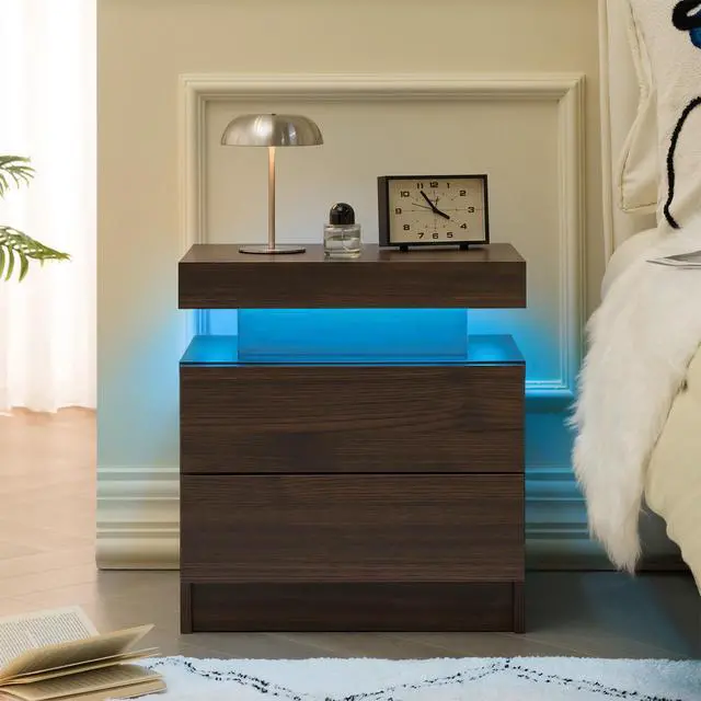 Alt view image 5 of 6 - Nightstand Led Bedside Table Cabinet Lights Modern End Side With 2 Drawers For Bedroom (Walnut)