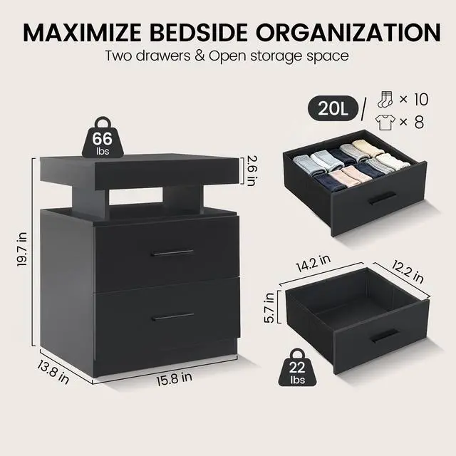 Alt view image 2 of 7 - Nightstand Led Bedside Table Cabinet Lights Modern End Side With 2 Fabric Drawers For Bedroom (Black)