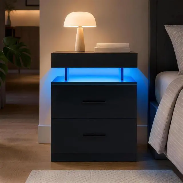 Main image of Nightstand Led Bedside Table Cabinet Lights Modern End Side With 2 Fabric Drawers For Bedroom (Black)