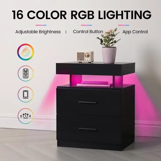 Alt view image 3 of 7 - Nightstand Led Bedside Table Cabinet Lights Modern End Side With 2 Fabric Drawers For Bedroom (Black)