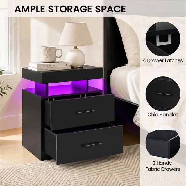 Alt view image 4 of 7 - Nightstand Led Bedside Table Cabinet Lights Modern End Side With 2 Fabric Drawers For Bedroom (Black)