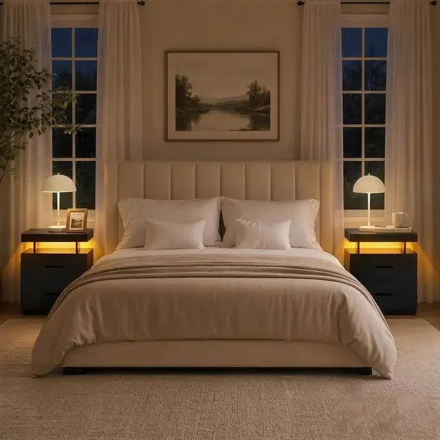 Alt view image 5 of 7 - Nightstand Led Bedside Table Cabinet Lights Modern End Side With 2 Fabric Drawers For Bedroom (Black)