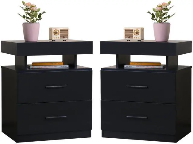 Main image of Led Nightstand Set Of 2 Bedside Table Cabinet Lights Modern End Side With 2 Fabric Drawers For Bedroom (Black)