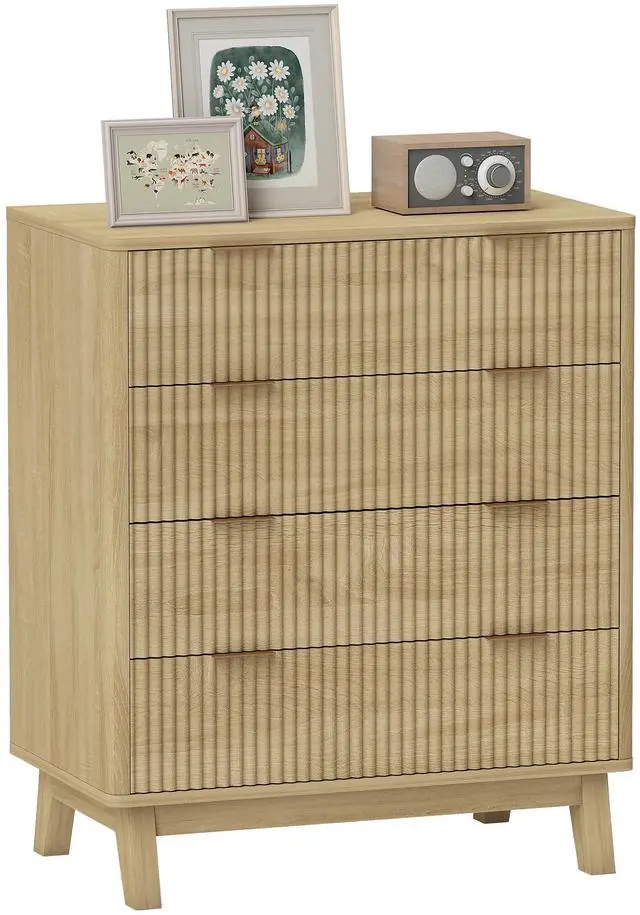 Main image of Homcom Fluted Dresser For Bedroom With 4 Drawers, Chest Of Drawers With Gold Finger Pulls And 4 Wood Legs, Natural Wood