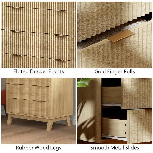 Alt view image 2 of 7 - Homcom Fluted Dresser For Bedroom With 4 Drawers, Chest Of Drawers With Gold Finger Pulls And 4 Wood Legs, Natural Wood