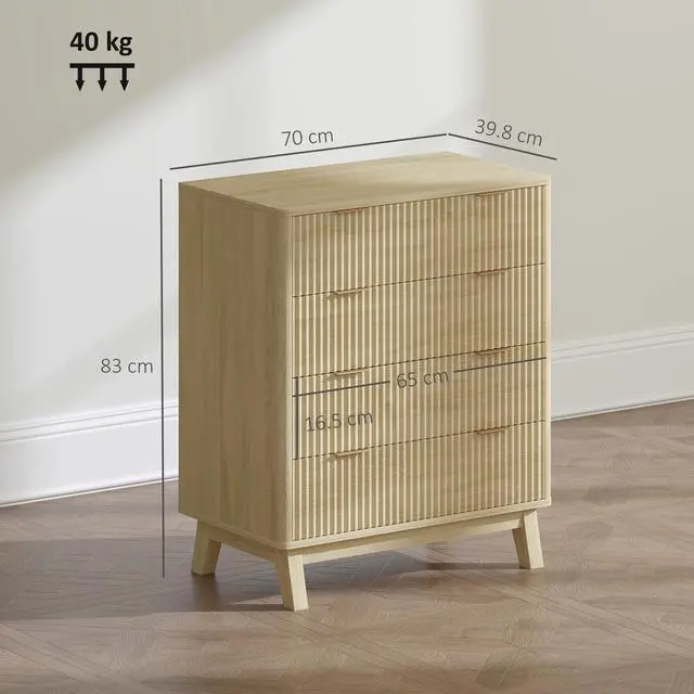 Alt view image 3 of 7 - Homcom Fluted Dresser For Bedroom With 4 Drawers, Chest Of Drawers With Gold Finger Pulls And 4 Wood Legs, Natural Wood