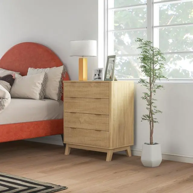 Alt view image 5 of 7 - Homcom Fluted Dresser For Bedroom With 4 Drawers, Chest Of Drawers With Gold Finger Pulls And 4 Wood Legs, Natural Wood