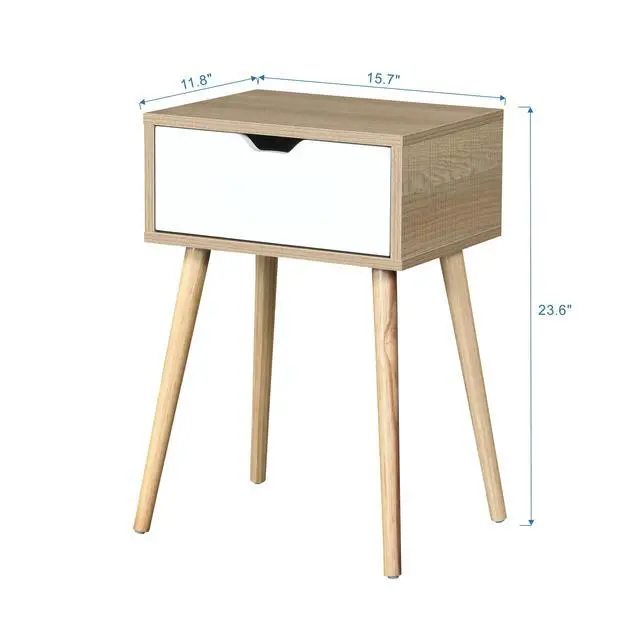 Alt view image 3 of 7 - Side Table With 1 Drawer And Rubber Wood Legs, Mid-Century Modern Storage Cabinet For Bedroom Living Room Furniture, White With Solid Wood Color