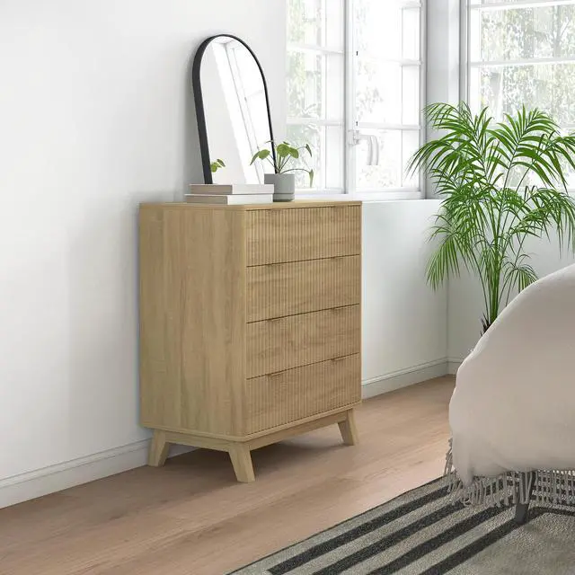 Alt view image 4 of 7 - Homcom Fluted Dresser For Bedroom With 4 Drawers, Chest Of Drawers With Gold Finger Pulls And 4 Wood Legs, Natural Wood