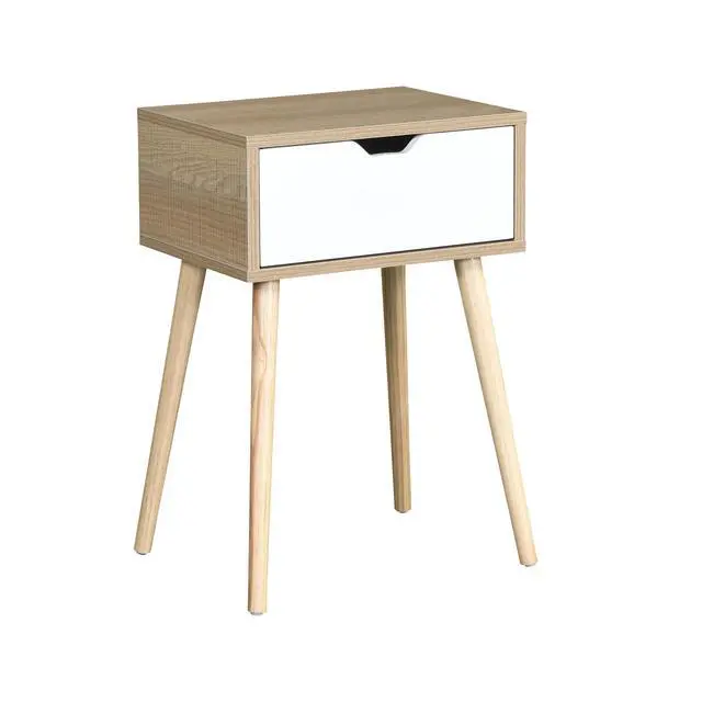 Alt view image 5 of 7 - Side Table With 1 Drawer And Rubber Wood Legs, Mid-Century Modern Storage Cabinet For Bedroom Living Room Furniture, White With Solid Wood Color