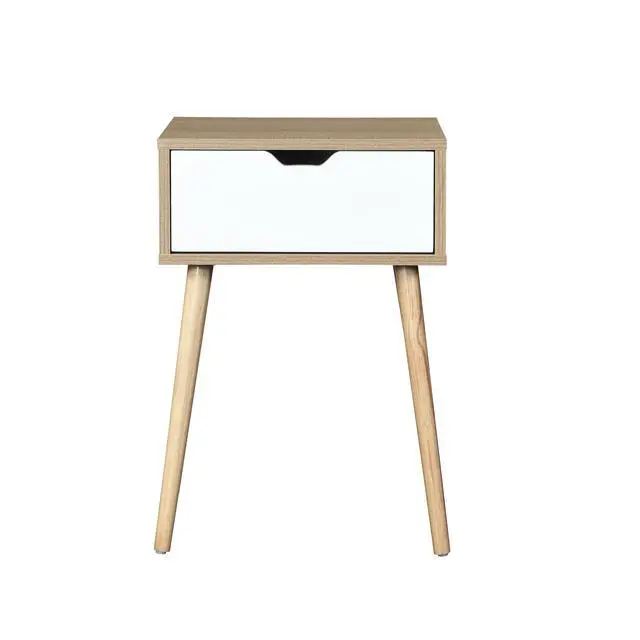 Alt view image 4 of 7 - Side Table With 1 Drawer And Rubber Wood Legs, Mid-Century Modern Storage Cabinet For Bedroom Living Room Furniture, White With Solid Wood Color