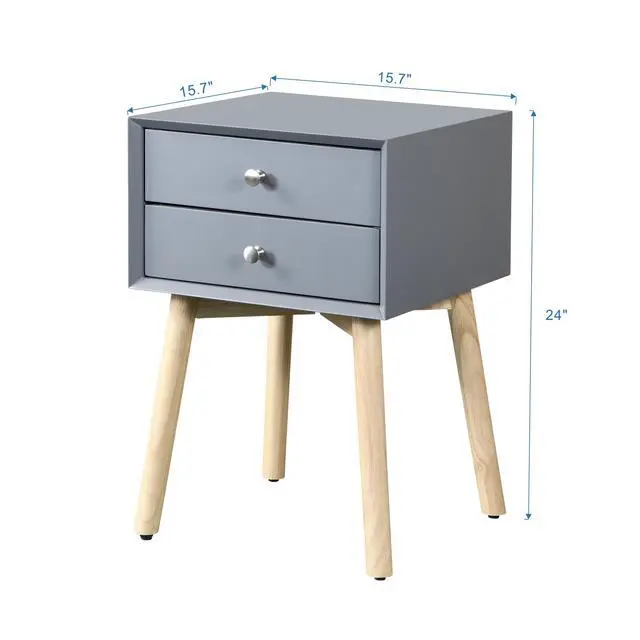 Alt view image 3 of 7 - Side Table,Bedside Table With 2 Drawers And Rubber Wood Legs, Mid-Century Modern Storage Cabinet For Bedroom Living Room, Gray