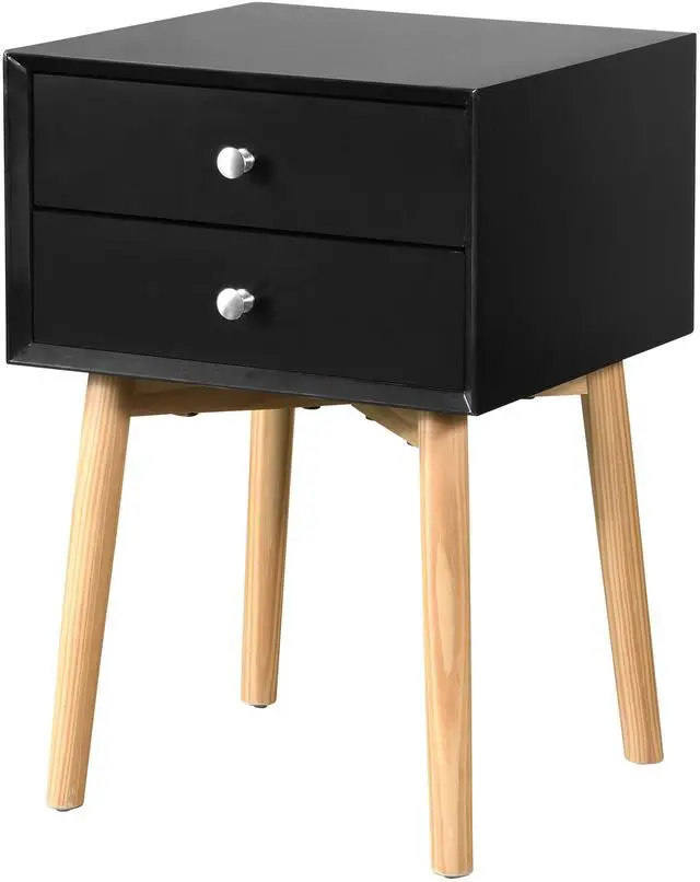 Main image of Side Table,Bedside Table With 2 Drawers And Rubber Wood Legs, Mid-Century Modern Storage Cabinet For Bedroom Living Room, Black