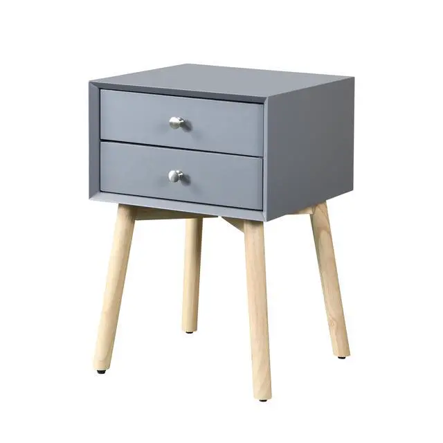 Alt view image 5 of 7 - Side Table,Bedside Table With 2 Drawers And Rubber Wood Legs, Mid-Century Modern Storage Cabinet For Bedroom Living Room, Gray