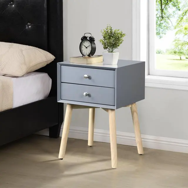 Alt view image 2 of 7 - Side Table,Bedside Table With 2 Drawers And Rubber Wood Legs, Mid-Century Modern Storage Cabinet For Bedroom Living Room, Gray
