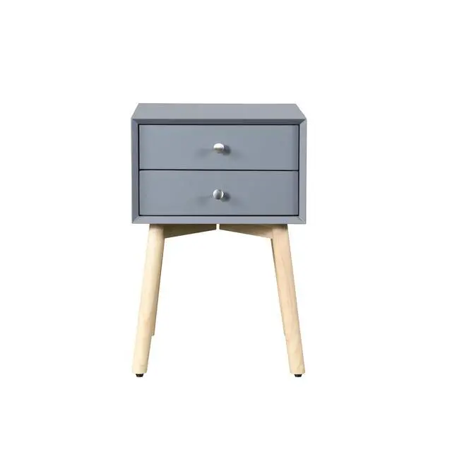 Alt view image 4 of 7 - Side Table,Bedside Table With 2 Drawers And Rubber Wood Legs, Mid-Century Modern Storage Cabinet For Bedroom Living Room, Gray