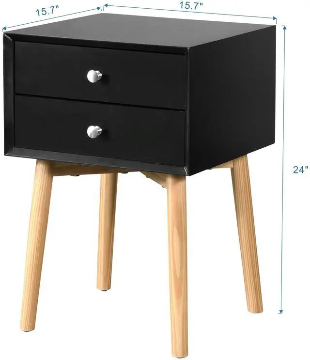Alt view image 3 of 7 - Side Table,Bedside Table With 2 Drawers And Rubber Wood Legs, Mid-Century Modern Storage Cabinet For Bedroom Living Room, Black
