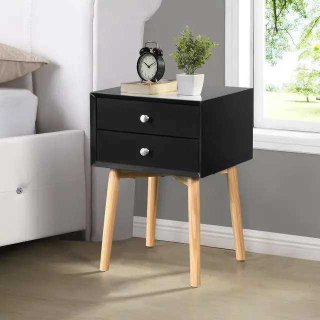 Alt view image 2 of 7 - Side Table,Bedside Table With 2 Drawers And Rubber Wood Legs, Mid-Century Modern Storage Cabinet For Bedroom Living Room, Black