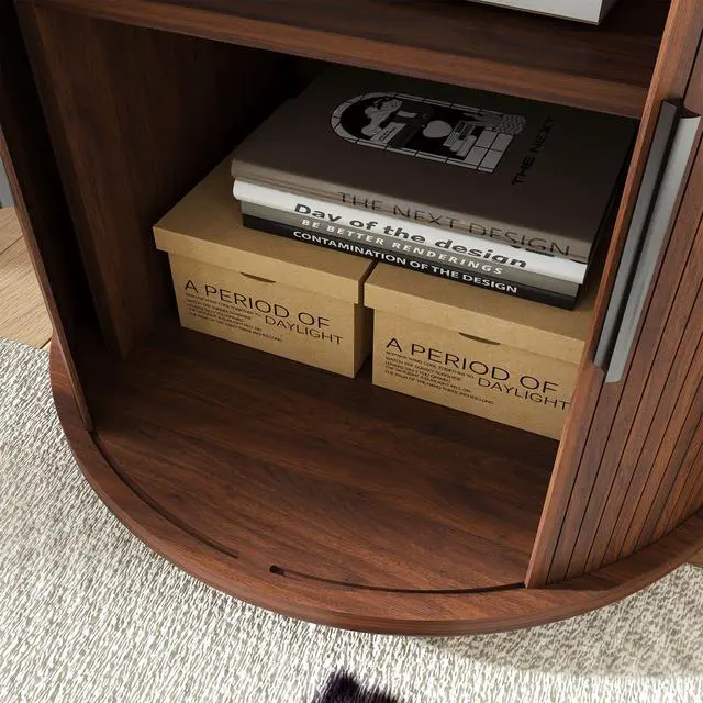 Alt view image 4 of 7 - Mid Century Modern Cylinder End Table With Built-In Charging Station & Sliding Door, 2-Tier Storage Round Nightstand With Usb Ports, Walnut Bedside Table For Living Room, Bedroom, Entryway