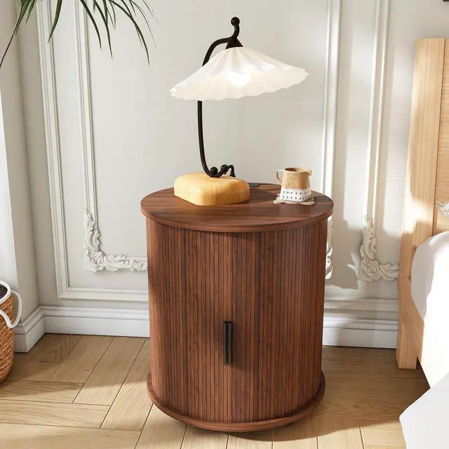 Main image of Mid Century Modern Cylinder End Table With Built-In Charging Station & Sliding Door, 2-Tier Storage Round Nightstand With Usb Ports, Walnut Bedside Table For Living Room, Bedroom, Entryway