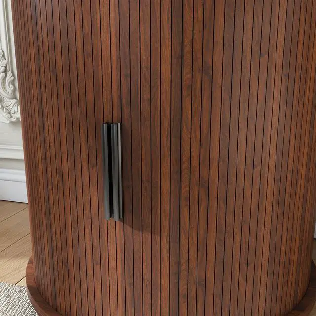 Alt view image 5 of 7 - Mid Century Modern Cylinder End Table With Built-In Charging Station & Sliding Door, 2-Tier Storage Round Nightstand With Usb Ports, Walnut Bedside Table For Living Room, Bedroom, Entryway