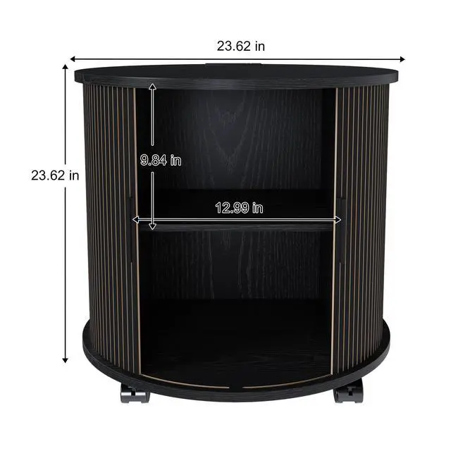 Alt view image 3 of 7 - Mid Century Modern Cylinder End Table With Built-In Charging Station & Sliding Door, 2-Tier Storage Round Nightstand With Usb Ports, Bedside Table For Living Room, Bedroom, Entryway-Black